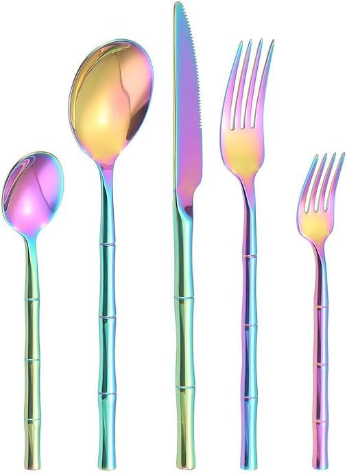 Stainless Steel Flatware Set, 5-60PCS, Durable Cutlery with Knife, Fork & Spoon, Elegant Black & Rainbow Finish, Perfect for Home or Restaurant Dining
