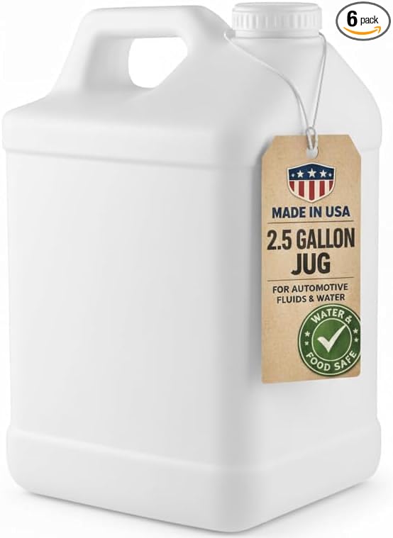 kitchentoolz 2.5 Gallon Water Jug – Heavy-Duty HDPE Carboy for Automotive Used Oil & Liquid Storage – 10 Quart Mixing Container with Secure Lid – Made in USA - White 6 Pack