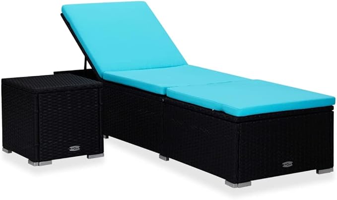 Camp Chairs Lawn Chairs recliningSun Lounger with Cushion and Tea Table Poly Rattan BlueSuitable for Gardens, courtyards, and patios