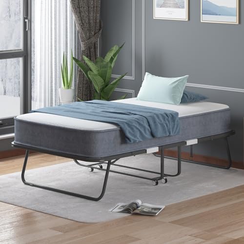BALUS Folding Bed with Mattress, 75"x46" Rollaway Bed with Locking Casters and 5" Rebound Mattress, Metal Sturdy Twin Folding Frame for Storage, Foldable Single Bed for Bedroom/Guest Room(Standard)