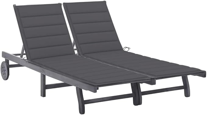 2-Person Patio Sun Lounger with Cushion Gray Solid Acacia Woodoutdoor Lounge Chairs Camping Chairs Tanning Chair Recliner chairSuitable for Gardens, courtyards
