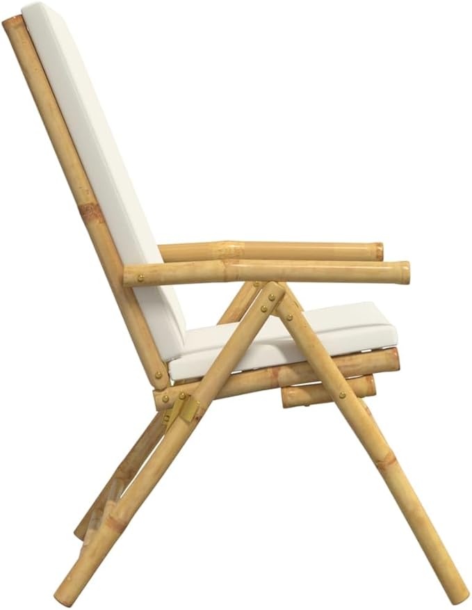 4 Piece Folding Patio Reclining Chairs with Cream White Cushions Bamboo Lounge Chair Camping Chair Lawn Chairs Living Room Chairs for Bedroom Patio Outdoor Dining