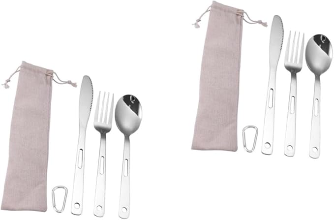 Yardwe 2sets Portable Camping Cutlery Stainless Steel Outdoor Tableware Fork Spoon Cutter Carrying Bag for Bbq Picnic Hiking and Camping Activities