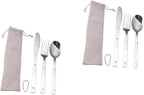 Yardwe 2sets Portable Camping Cutlery Stainless Steel Outdoor Tableware Fork Spoon Cutter Carrying Bag for Bbq Picnic Hiking and Camping Activities