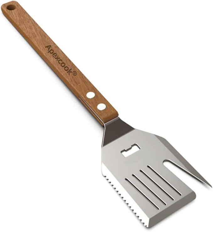 5-in-1 Multifunctional Grill Spatula - Heavy Duty Stainless Steel BBQ Tool with Bottle Opener, Meat Tenderizer & 15.7" Wood Handle for Outdoor Grilling, Camping, Backyard BBQ