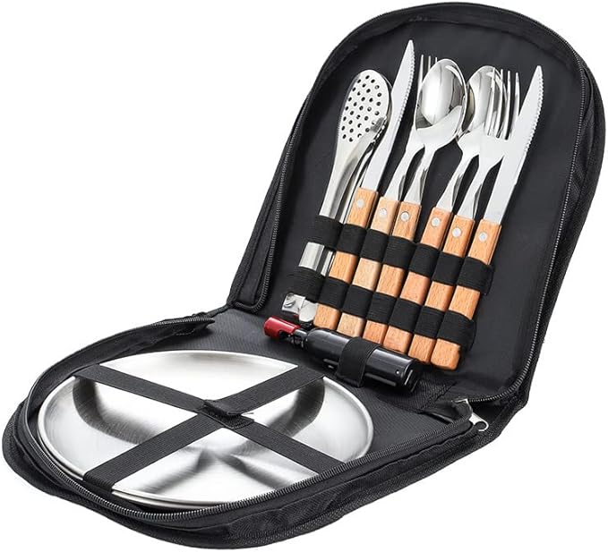 Silverware Flatware Cutlery Set, 304 Stainless Steel Outdoor Camping Tableware Set for Two, Wooden Handle Knife, Fork, Spoon, Steak Clip, Bottle Opener (Brown Silver 6Set)
