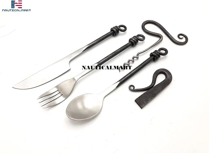 Nautical-Mart Medieval Five-Piece Cutlery Set (Hand Forged Dinning Set, Carbon Steel, 5 Pieces, 1 Set, Vintage Style)