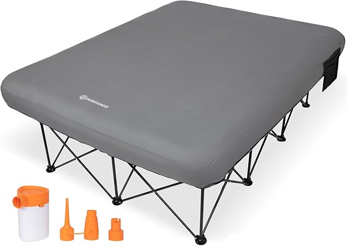 FUNDANGO Queen Camping Cot with Electric Pump, 2 Person Air Mattress with Frame, Double Camping Cot Bed with 2 Cup Holders & Removable Cover for Camp, Home Guest, Carry Bag Included (Grey)