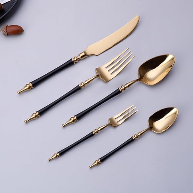 Cutlery Set Pieces Service Stainless Steel Titanium Flatware,16-piece Flatware Set, 4 Servings Tableware, Stainless Steel Cutlery, Including Knife, Fork and Spoon Teaspoon with Gold Wooden