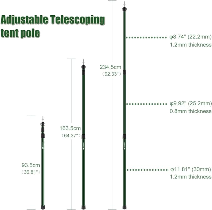 HIKEMAN Tent Poles Camping Poles for Tarp Awning Canopy Porch Sun Sails Tarpaulin Headroom Aluminium Adjustable Telescoping
