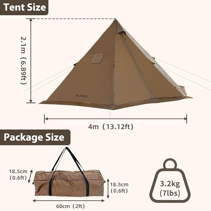 Hot Tent with Stove Jack and Snow Skirt, 6.89~8.53ft Standing Room, 2~5 Person, Tipi Tent for Family Hiking, Fishing, Hunting, Backpacking Camping
