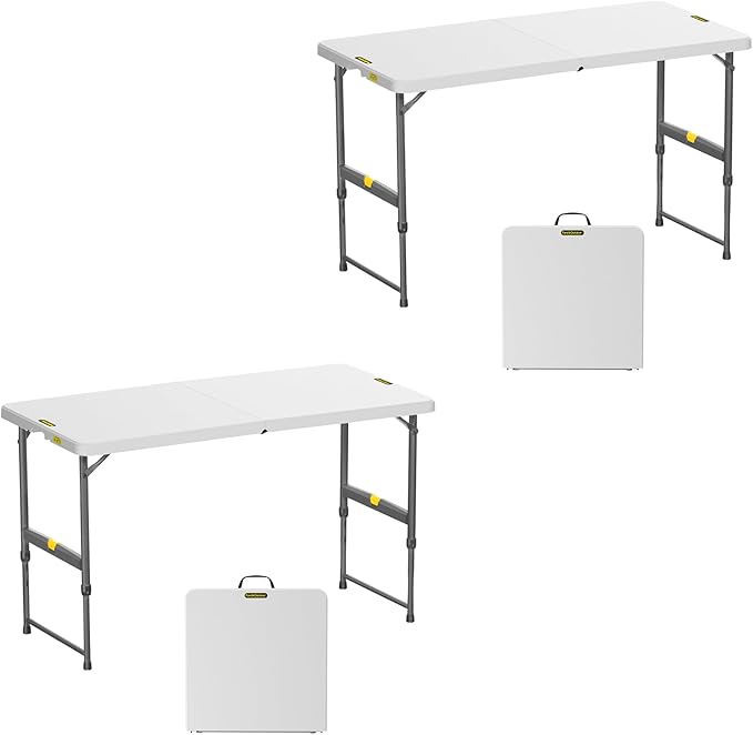 FanttikOutdoor Folding Table 4 Foot, Effortless Quick Adjustable Height Foldable Small Card Table, Fixing Lock, Stable for Party Dining Events Picnic Indoor Outdoor Camping, 2-Pack, Zeta X4 Pro White