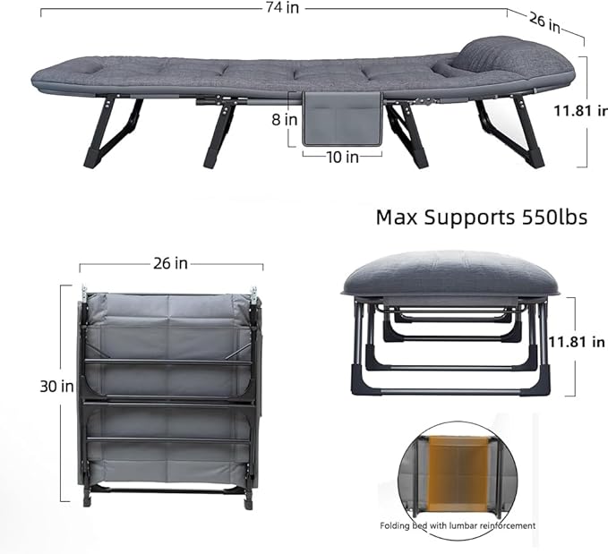 6 Angle Adjustable Folding Cot Bed Chaise Lounge Chair Heavy Duty Portable with Mattress and Pillow for Camping Office Nap Patio Indoor Home Comfortable Lay Flat Reclining Foldable(74IN)