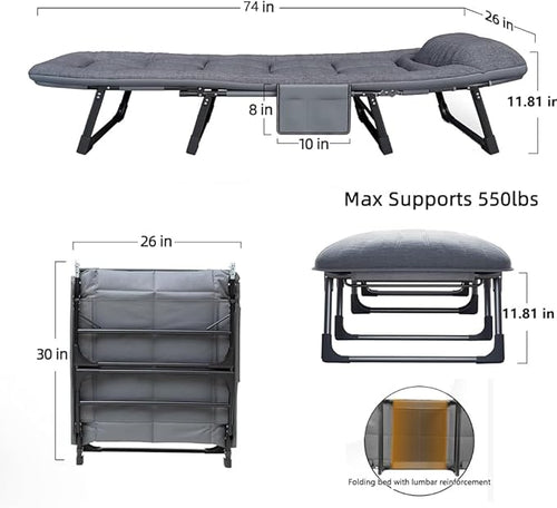 6 Angle Adjustable Folding Cot Bed Chaise Lounge Chair Heavy Duty Portable with Mattress and Pillow for Camping Office Nap Patio Indoor Home Comfortable Lay Flat Reclining Foldable(74IN)