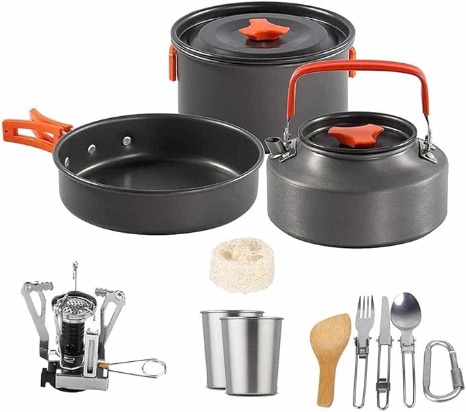 Camping Cookware Kit Outdoor Aluminum Cooking Set Water Kettle Pan Pot Travelling Hiking Picnic BBQ Tableware Equipment Camping