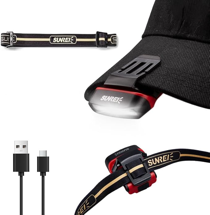 SUNREI Rechargeable Motion Sensor Clip on Hat Light with 150 Lumen & 600 mAh Headlamp, Rotatable Headlamp Flashlight for Fishing Camping Running Hand Work, Include Headband (Red)