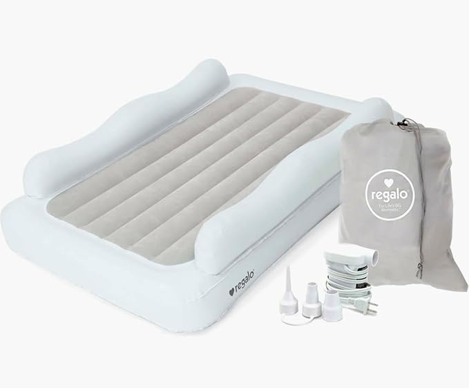 Regalo Inflatable Toddler Travel Bed with 2-Sided Safety Rail Bumpers, Portable Air Mattress with Pump & Carry Bag, Safe & Durable Bed for Camping, Travel, Sleepovers (Ages 2-5)