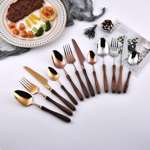 Gold Silverware Set Walnut Flatware Set, Kitchen Tableware Set 304 Stainless Steel Flatware Cutlery Set,Forks Spoons and Knives Set for Home/Camping/Travel,Mirror Finish (Silver 40PieceSetfor10)