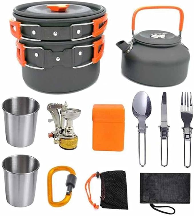 Camping Cookware Set Picnic Cooking Pots Set Outdoor Hiking BBQ Tableware with Pan Kettle Stove Set Camping Tourism Supplies Kit (Color : B)