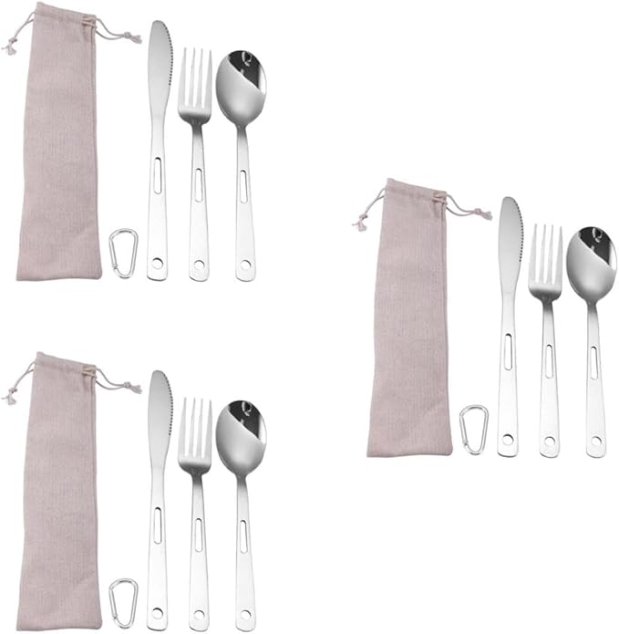 Yardwe 3sets Portable Stainless Steel Camping Cutlery Outdoor Tableware for Picnic Travel Rv Use Compact Design Easy to Clean Modern Lightweight
