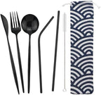 6/24/36/48/60/72 Pieces Stainless Steel Travel Camping Portable Tableware Set Straw Table Knife Spoon Fork Cleaning Brush Storage Bag(Black,8Set-48Pcs)
