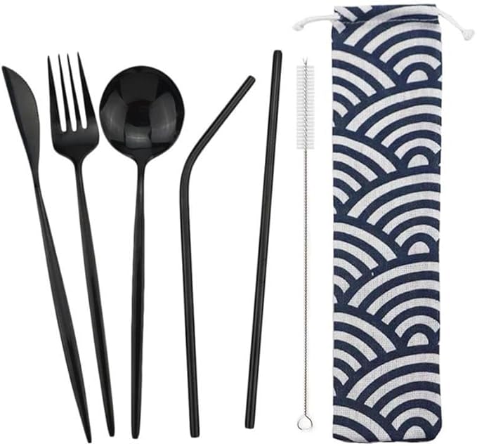 6/24/36/48/60/72 Pieces Champagne Gold Stainless Steel Travel Camping Portable Tableware Set Straw Table Knife Spoon Fork Cleaning Brush Storage Bag(Blue,4Set-24Pcs)