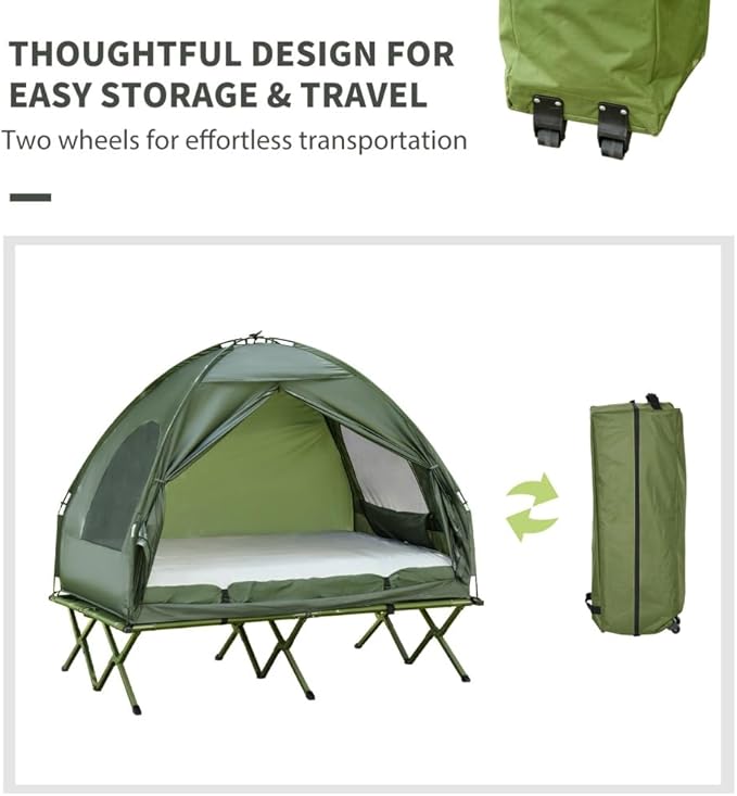 2 Person Foldable Camping Cot with Tent, Bedspread and Thick Air Mattress, 4-in-1 Elevated Camping Bed Tent for Outdoor Hiking, Picnic, Travel