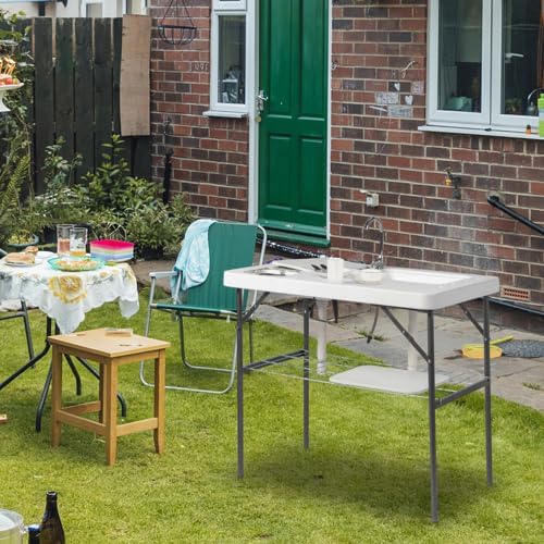 40" Folding Fish Cleaning Camping Table w/Faucet & Sink, Outdoor Portable Fillet Station w/Grid Frame, Knife Groove, Multifunctional Washing Table for Camping or Kitchen, White