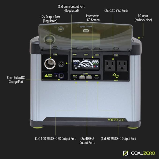 Goal Zero Yeti Portable Power Station, Yeti 700, 677 Watt Hour LiFePO4 Battery, Water Resistant & Dustproof Solar Generator for Outdoors, Camping, Tailgating, & Home, Clean Renewable Off-Grid Power