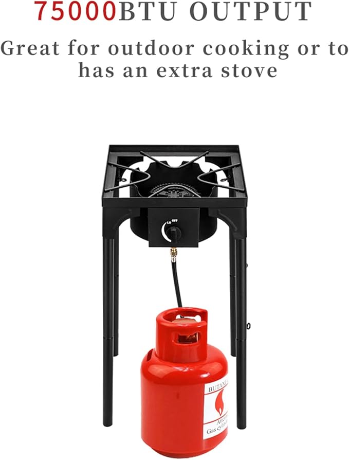 Outdoor Camp Stove High Pressure Propane Gas Cooker Portable Cast Iron Patio Cooking Burner with Removable Legs, Adjustable Heat Dial for Backyard BBQ, Baking and Stir Frying(Single Burner 75000-BTU)