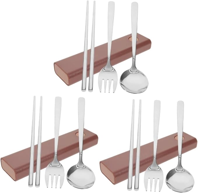 3 Sets Fork Spoon Chopsticks Serving Utensils Stainless Steel Stainless Steel Set Travel Set Tableware Set Travel Tableware Set with Case Outdoor Use Tableware Chopstick Rest