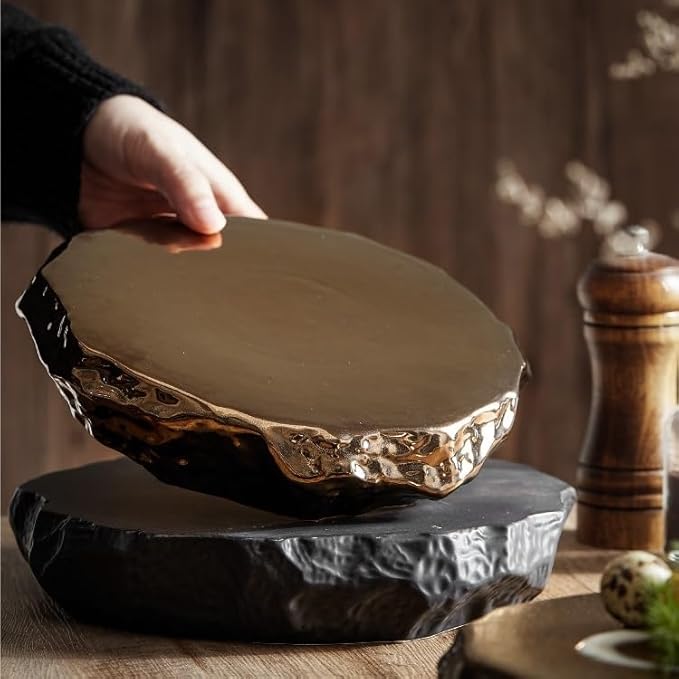 Camping Plates White Special-Shaped Ceramic Stone Pattern Western Dinner Plate Flat Plate Tray Dish Plate Hotel Restaurant Hotel Cold Dish Tableware Decorative Plate(B)