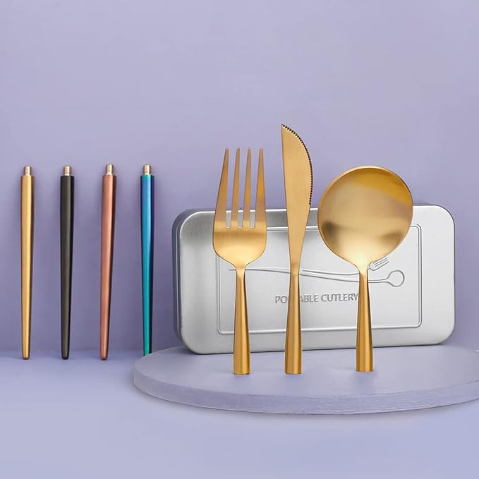 3 Pcs Portable Black Flatware Set for 1 Forks Spoons and Knives Gold Silverware Set Utensils Tableware Light Travel Outdoors with Box