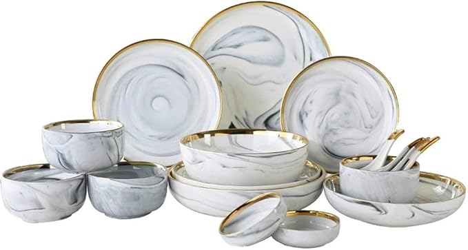 GaRcan Dinner Plate Marble Ceramic Plates Gold Inlay Steak Plate Nordic Style Tableware Bowl Dessert Dinner Dish for Kitchen Dinnerware Set