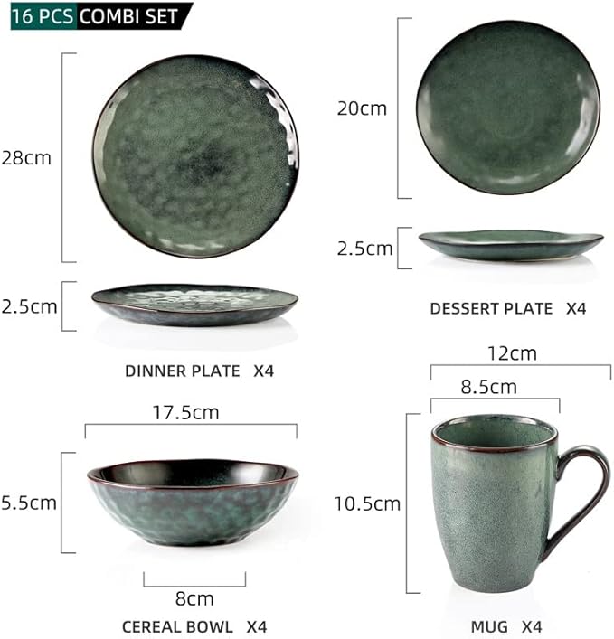 TEmkin 16 Pieces Starlight Green Tableware??, Kiln Glazed Tableware Tableware with Dinner Plate, Dessert Plate, Bowl, Cup