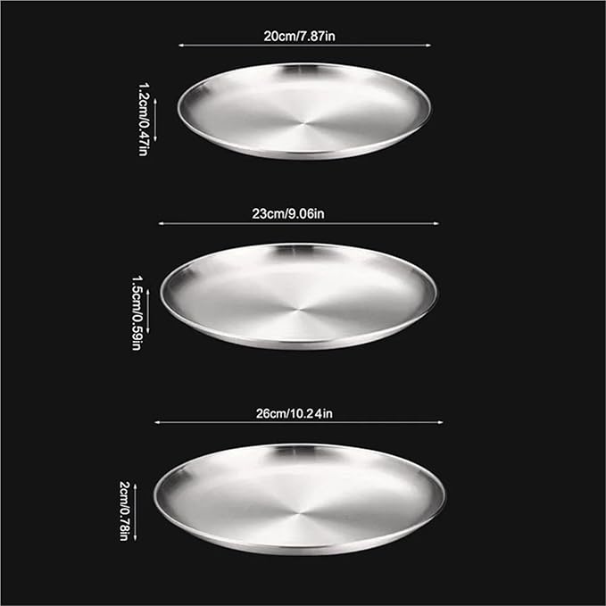 Stainless Steel Plates 8Pcs Metal Dining Dish Stainless Steel Round Plate Shallow Tray BBQ Picnic Camping Food Container Tableware Set(20cm Silver)