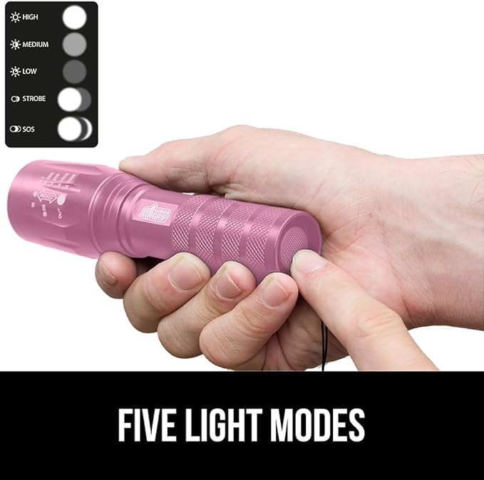 GORILLA GRIP Powerful LED 750 FT Water Resistant 5 Adjustable Mode Tactical Flashlight, High Lumens Ultra Bright Battery Life Zoom Flashlights, Small Camping Car Mini Flash Light Accessories, Pink