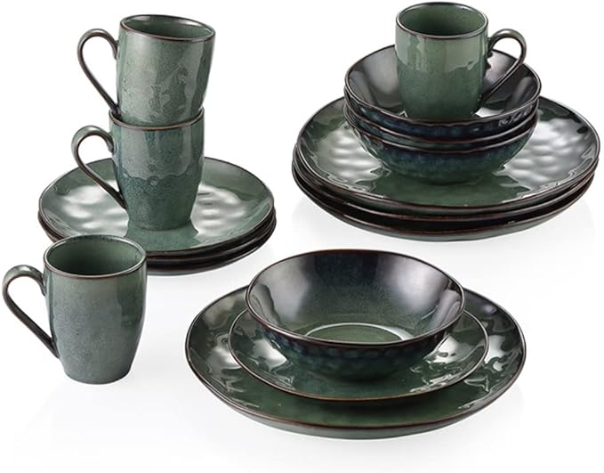 TEmkin 16 Pieces Starlight Green Tableware??, Kiln Glazed Tableware Tableware with Dinner Plate, Dessert Plate, Bowl, Cup