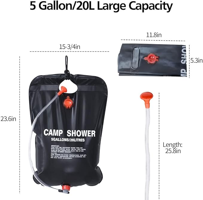 DkOvn Solar Shower Bag, 5 Gallons/20L Camping Shower Bag, Portable Shower Bag with Removable Hose and On-Off Switchable Shower Head for Camping Beach Swimming Outdoor Traveling