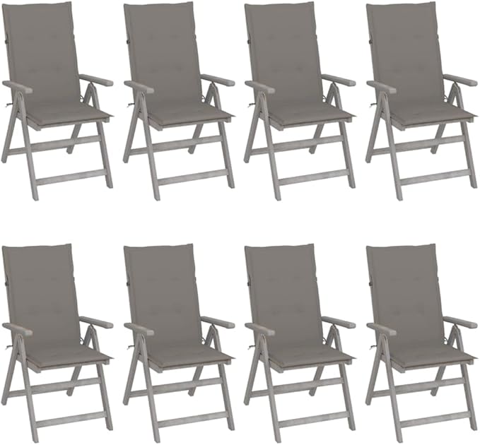 Patio Reclining Chairs with Cushions,Camp Chair,Barbecue Chairs,Fishing Chairs,Bistro Chair,Coffee Chair,Patio Funiture,for Dining Room,Living Room,Study Room,Garden,8 pcs Gray Acacia Wood