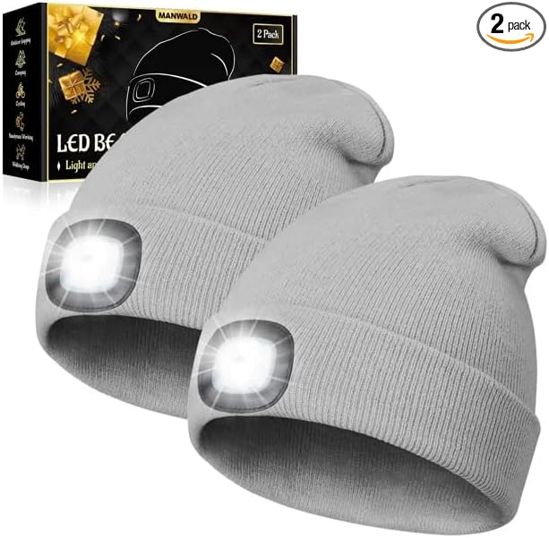Gifts for Men, LED Beanie Hat with Light,USB Rechargeable LED Headlamp, Mens Gifts, Birthday Gifts for Him Dad Husband, Boyfriends, Grey, 2 Pack