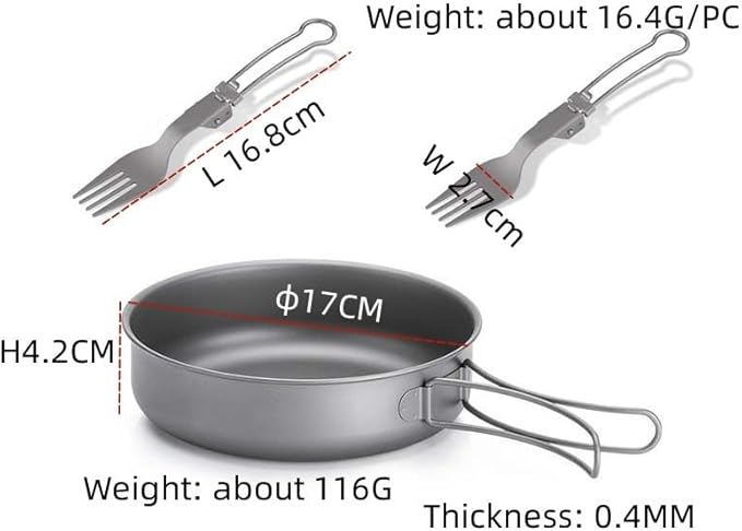 1SET Outdoor Pure Titanium Frying Pan Foldable Fork Set Camping Portable Pot and Tableware(Large)