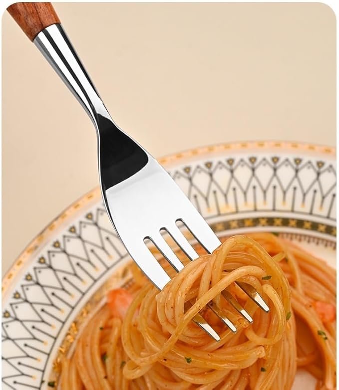 Silverware Flatware Cutlery Set， 5/20/30/40pcs Wooden Handle Mirror 304 Stainless Steel Knife， Fork and Spoon Thickened Rosewood Tableware，Silver-30 Pieces for 6