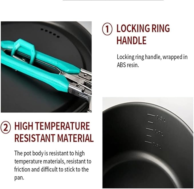 Camping Campfire Utensils, Outdoor Camping Tableware Set Backpacking Picnic 2 Pot 1 Frypan Kettle Alumina Durable Cookware Backpacking Gear