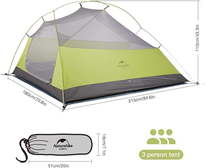 Naturehike Cloud Up 3 Person Backpacking Tent with Footprint - 3 Season Free Standing Lightweight 3 Person Camping Tent | with Footprint, Free Standing, Dome, Camping, Hiking, Waterproof