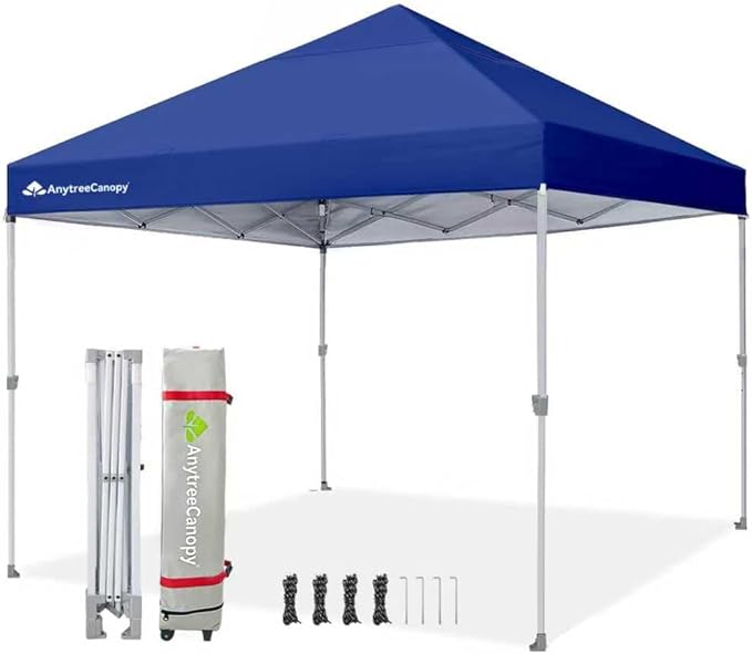 Anytee-10x10 Pop Up Canopy Tent, Easy Up Waterproof Outdoor Canopy with Wheeled Bag, Sun Shade for Patio, Backyard, Parties, Camping-Blue