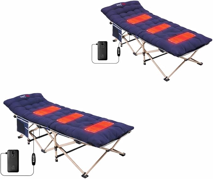 Nice C Heated Cot with Cushion, Heated Camping Cots, Folding Cots with Mattress for Adults, with Pillow, Carry Bag & Storage Pocket, Extra Wide Sturdy, Holds Up to 500 Lbs (2, Heated Mattress Navy)