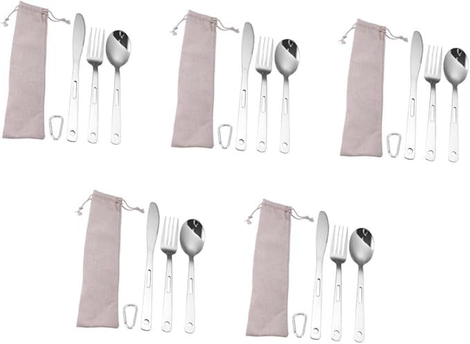Yardwe 5sets Portable Camping Cutlery Stainless Steel Utensils Fork Spoon and for Bbq Picnic and Outdoor Cooking Compact and Easy to Carry Tableware