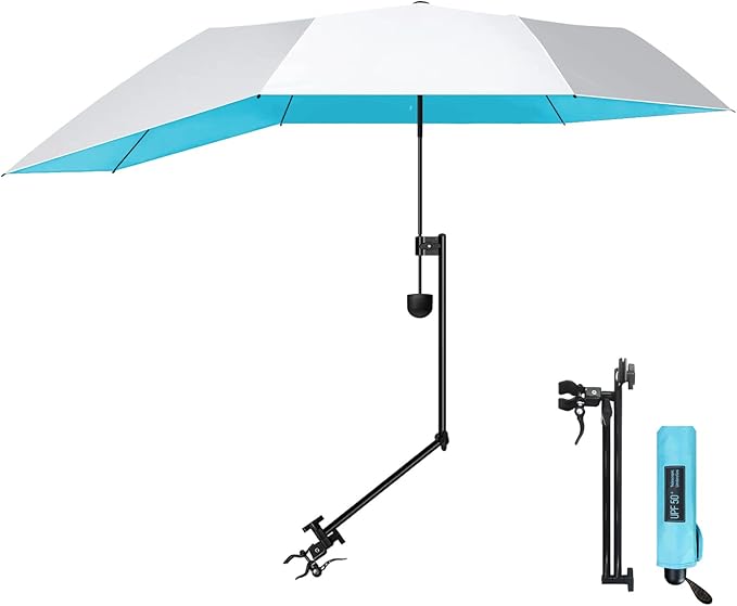 Upf 50+ Chair Umbrella With Clamp/Sun Shade - Portable Umbrella For Sports & Outdoors - Secure Clamp, 360-Degree Swivel Adjustable Position For Maximum Sun Protection