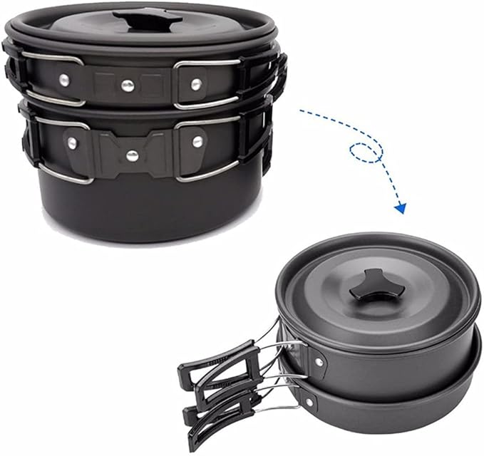 1 Set Outdoor Pots Pans Camping Cookware Picnic Cooking Set Non-Stick Tableware with Foldable Spoon Fork Kettle Cup